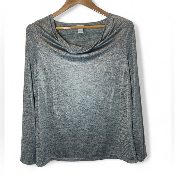 Chico's Tops - Chico's Shimmery‎ Cowl Neck Metallic Long Sleeve Stretch Blouse 1 M Dressy Chic
